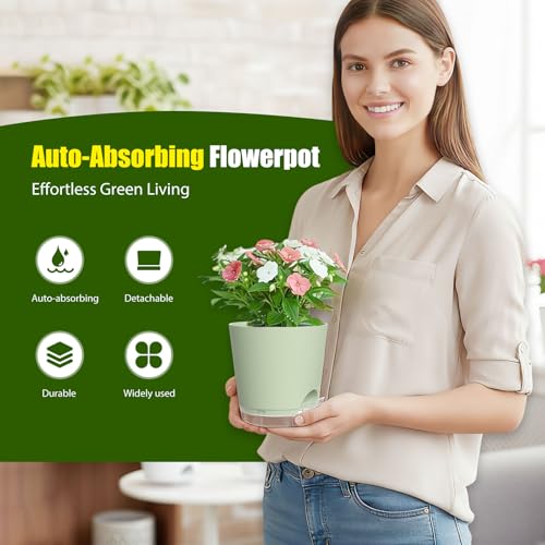 Plant Pots 6 Inch Self Watering Pots,6 Pack Plastic Planters with Drainage Holes and Clear Saucers,Plastic Flower Pots,Nursery Planting Pot for Indoor Out Door Plants (Green) - color: Green, size: 6 inch