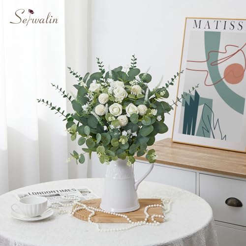 Serwalin 100 Pcs 7 Kinds Mixed Artificial Eucalyptus Leaves Stems Bulk with Flowers Faux Silver Dollar Eucalyptus Stmes Greenery Branches for Wedding Floral Arrangement Centerpieces Home Decor - color: Green-100pcs
