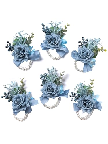 Dusty Blue Rose Wrist Corsage for Women, Set of 6, Wedding Bridal Corsage Hand Flower Decor for Prom Corsages Party Homecoming, Wristband Flowers for Bride Bridesmaid Girl Mother Wristlet Décor - color: 6pcs Blue Wrist Corsages