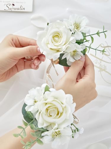 Serwalin Ivory Corsage and Boutonniere Set, Prom Flower Wrist Corsage, Roses Corsage Wristlet and Men’s Boutonniere for Wedding Flowers Accessories Prom Homecoming Suit Decorations - color: Ivory, size: 1 Boutonniere & 1 Wrist Corsage - 2pcs