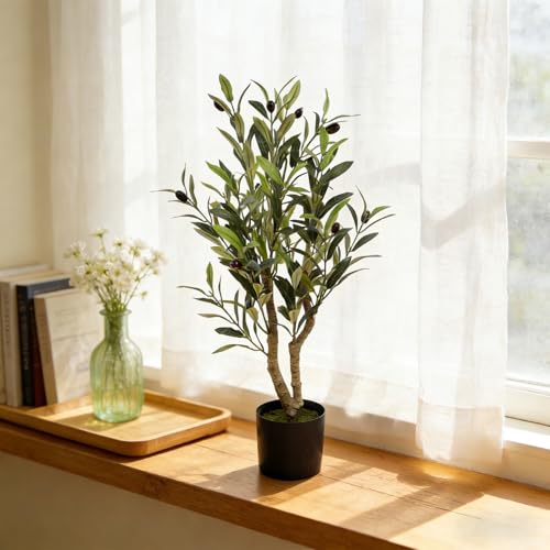 Artificial Olive Potted Tree, 28" Tall Tabletop Fake Olive Tree with Fruits Lifelike Faux Greenery Plants in Pot for Indoor Livingroom Kitchen Bedroom Office Home Decor (B) - color: B-28in