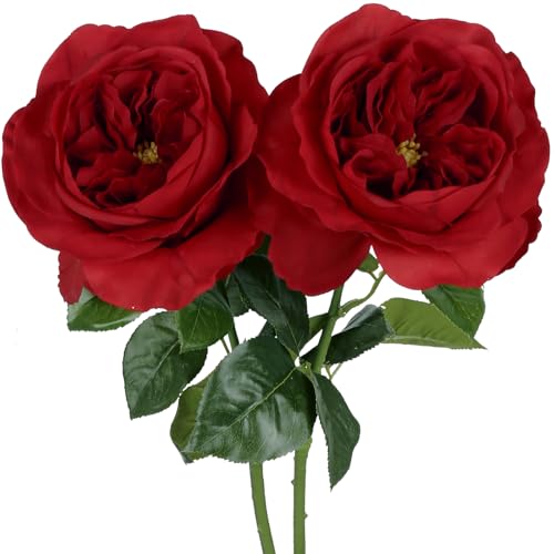 Real Touch Roses Red 2pcs 5.12" Big Red Roses Artificial Flowers Fake Flowers for Decoration Latex Peony Faux Flowers Silk Roses 25.60'' Long Stem for Wedding Home Room Kitchen Decor (Red) - color: Red
