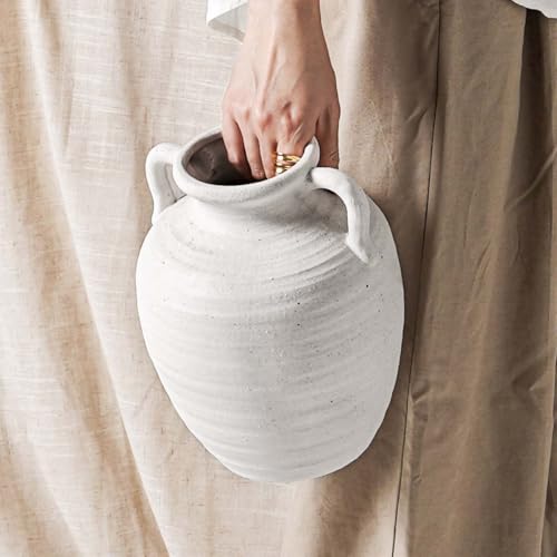 Large White Ceramic Vase - 9.5 Inch Rustic Farmhouse Flower Vase with Handles for Home Decor, Vintage Tall Vase for Living Room, Table, Bathroom, Holiday & Weddings (Sandstone White) - color: 9.5 Inch-sandstone White
