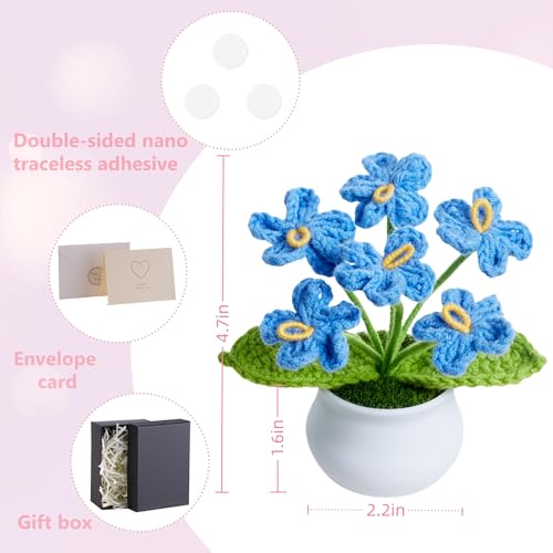 Knitting Crochet Flowers Cute Blue Handmade Forget Me Not Flower Plants Gift for Mom Women Teacher Birthday Anniversary Valentines Decor for Dashboard Home Office Desk Accessories - color: Blue