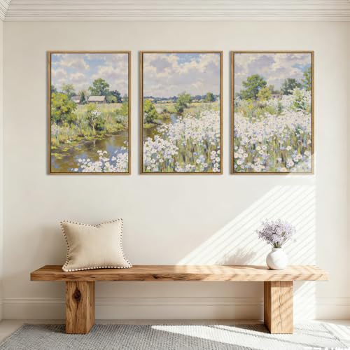 BINCUE Framed Wildflower Wall Art Rustic Floral Wall Decor Vintage Landscape Artwork Nature Flowers Wall Pictures Wildflowers Art Prints Florals Paintings for Living Room Bedroom Bathroom Farmhouse 16x24 Inches Set of 3 Gift - color: Nature Wildflower, si