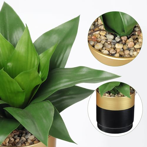 Briful Agave Artificial Wide Leaf Plant in Black and Gold Pot – 10.2” Tall Faux Greenery with Plastic Leaves & Pebble Base, Fake Plants for Indoor Table Decor, Desk, Shelf, Office or Bathroom - color: Green and Gray Agave Gold Black Vase
