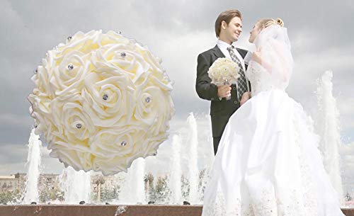 WIFELAI-A Ivory Cream Bouquet for Bride Bridesmaids with Diamond Soft Ribbons Artificial PE Rose Bridal Holding Flowers for Wedding, Party and Church(Dia:8.26inchH:10inch Ivory W2018)… - color: Ivory Cream