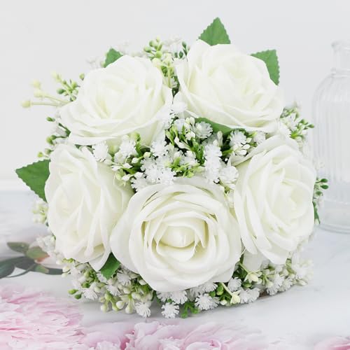 Small Bridesmaid Bouquet for Wedding - Pre-Made Artificial Flower Bouquet for Bridesmaid Silk Rose Babys Breath Bridal Bouquets for Vintage Country Boho Wedding Decorations -7 inch - color: Ivory, size: Set of 1 Bridesmaid Bouquets