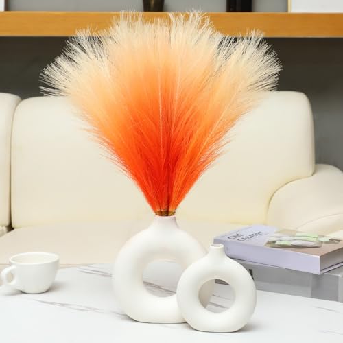 Ureymx Faux Pampas Grass Decor 17.7 Inch 6pcs, Pompas Grass Flower Arrangement and Vase Filler Artificial Pampas Grass Short Decor for Boho Home Wedding Decoration (Gradient Orange) - color: Gradient Orange, size: 17 Inch 6 Pcs