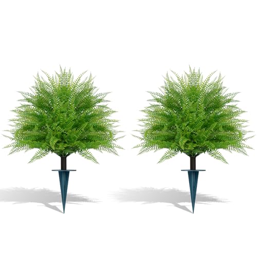 Artificial Topiary Trees with Ground Spike, 2Pcs Fake Shrub Bushes, UV Resistant Faux Evergreen Plants for Outdoor Indoor Porch Garden,Fern - color: Fern