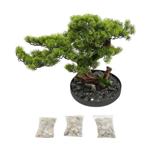 17.7 Inches Artificial Bonsai Tree Desktop Artificial Bonsai Pine Tree Indoor Fake Plants Decor with Metal Pots for Home Table Office Living Room Bedroom Desk Decorations, Green & Brown