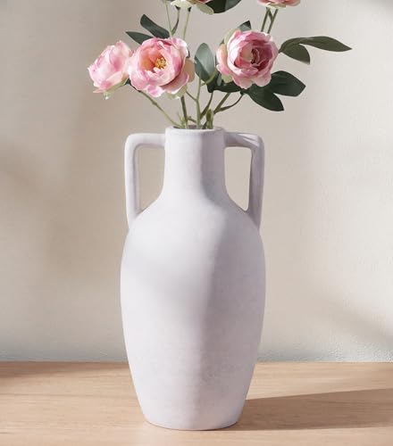 Ceramic Flower Vase with Handles, 12.8 inch Tall Ceramic Vase Farmhouse Rustic Vases Decorative Pottery Vases Large Floor Vase for Home Decor Living Room Table Bookshelf Centerpiece Fireplace, White - color: 12.8 in - White
