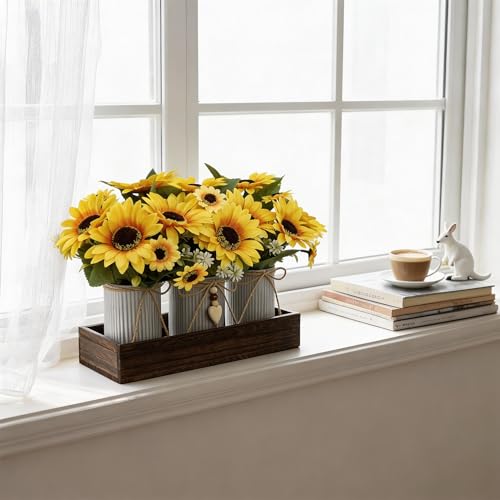 Artificial Sunflower Decorative Centerpiece, Rustic Table Centerpieces Home Decor for Dining Room, Farmhouse Wood Planter Box with 3 Galvanized Metal Pots Decorative - style: Sunflower Plant