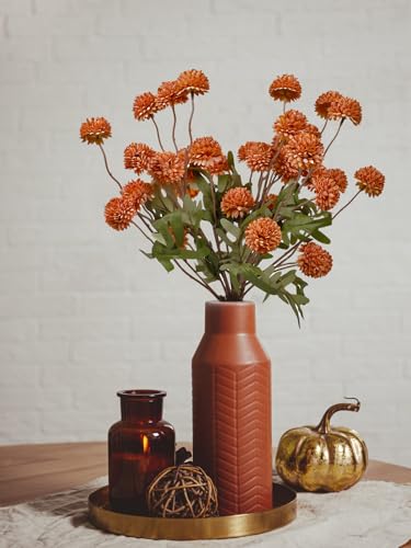 6 Pcs Fall Artificial Flowers Faux Silk Pompon Mum, Orange Silk Small Mini Chrysanthemum Ball with Long Stems, for Autumn Table Centerpieces Decor, Decoración de Otoño, No Vase - color: Orange
