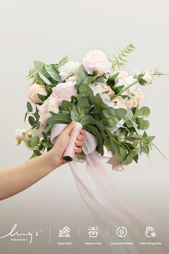 Ling's moment Blush Pink Bridal Bouquet Cascading, Coral Wedding Bouquets for Bride, 15 Inch Free Form Artificial Wedding Flower Bouquet - color: Pk-blush & Cream, size: Medium 15 Inch