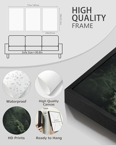 PHOPAGO Green Fog Pine Tree Framed Wall Art Huge 24x36in Nature Misty Nordic Forests Artwork Morden Paints for Living Room Bedroom Decor - Black Framed - color: Green Pine Forest, size: 36L" x 24W" x 3 Pcs Black