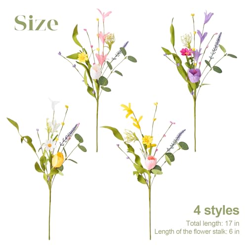 12 Pack Spring Decorations for Home, 4 Colors Flowers Artificial for Decor, 17 Inch Flores Artificiales para Decoracion with Tulips, Daisy and Forsythia for Spring Summer Decor - color: Spring, size: 12 Pcs