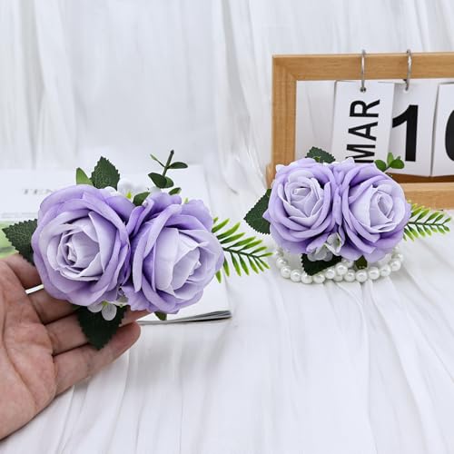 2Pcs Purple Rose Wrist Corsage and Men Boutonniere Set, Artificial Wristlet Band for Wedding Bride Bridesmaid Flowers Accessories Prom Party Groom Groomsmen Suit Decor - color: Purple