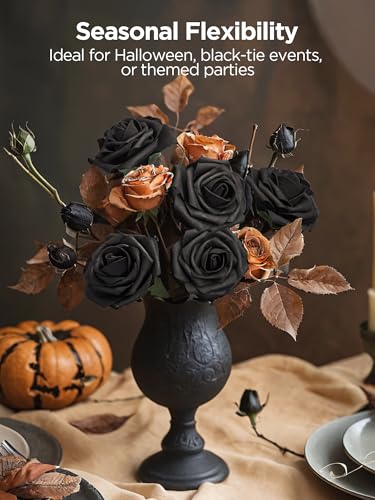 InnoGear Artificial Flowers, 50 Pcs Black Foam Fake Roses Bulk with Stems for Decoration DIY Wedding Bouquets Centerpieces Bridal Shower Party Valentines Christmas Tree - color: Black