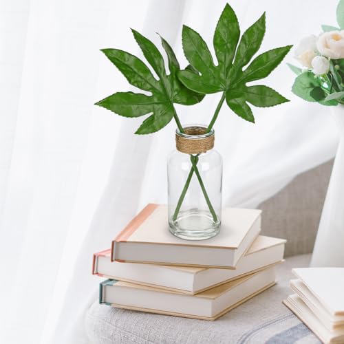 GnFlus Fake Plants Faux Greenery Stems in Glass Vase with Faux Water, Realistic Silk Faux Plants Artificial Tropical Leaves for Home Bathroom Office Wedding Centerpiece Décor - color: Fatsia