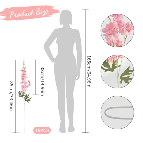 16Pcs Pink Delphinium Artificial Flowers 33.5'' Long Stem Larkspur for Tall Vase Fake Silk Flowers Bulk for Home Wedding Baby Shower Floral Arrangement Centerpiece Table Decoration (Light Pink) - color: Pink
