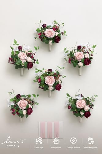 Ling's moment Artificial Bridesmaid Bouquets Set of 6,Burgundy Wedding Flower Bouquets Pink Floral Bouquet Mashala Bridal Bouquets with Ribbon,Ceremony,Anniversary,7-inch Diameter - color: Pk-marsala & Cream