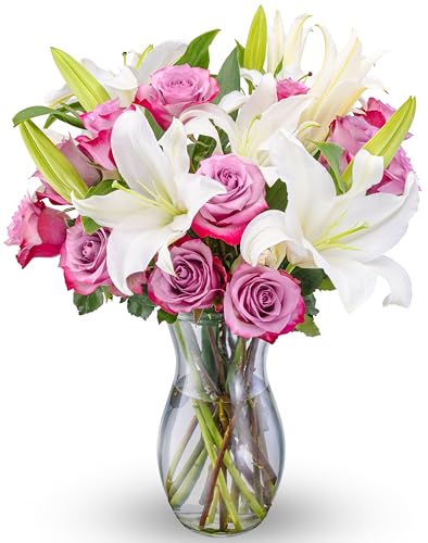 Benchmark Bouquets Oriental Lily & Purple Rose Bouquet – Real Fresh Flowers for Delivery – Mothers Day Gifts for Mom – Long Stem Roses with Fragrant Lilies – Purple Flowers – Glass Vase Included - color: Purple