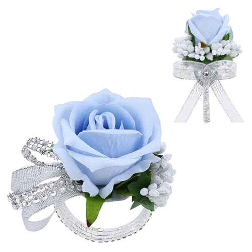 2Pcs Light Blue Rose Corsage and Boutonniere Set, Artificial Wrist Corsage Wristlet Bracelets, Men Boutonniere for Wedding Party Homecoming Formal Dinner Flowers Accessories Prom Suit Decor - color: Light Blue
