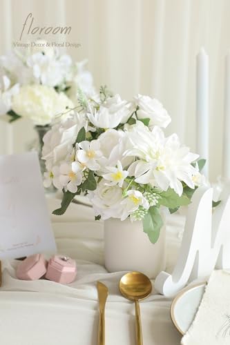 Floroom Ivory White Artificial Flowers Fake Roses Peonies Dahlia and Greenery Combo Box Set for DIY Wedding Bouquets Bridal Shower Centerpieces Floral Arrangements Party Tables Home Decorations - color: Camille Ivory & White