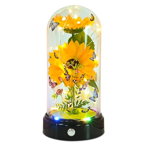 TECHSHARE Artificial Sunflower Gifts for Women, Yellow Artificial Sunflowers with LED Light in Glass Dome, Cute Sunflower for Christmas, Birthday, Mother's Day, Valentine's Day