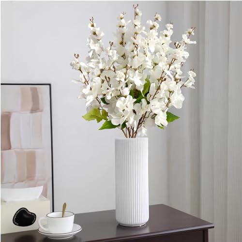 6PCS White Delphinium Artificial Flowers Espigas para Jarrones Fake White Flowers Tall Flowers for Floor Vase Flowers for Tall Vase Floral Arrangements Home Table Wedding Decor - color: White