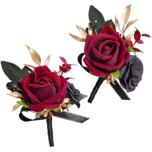 Alecono Boutonniere for Men, Set of 2 Burgundy and Black Boutonniere for Wedding Groom Bridegroom, Artificial Flowers for Prom Graduation Ceremony Anniversary - color: Burgundy, size: Boutonniere 2pcs