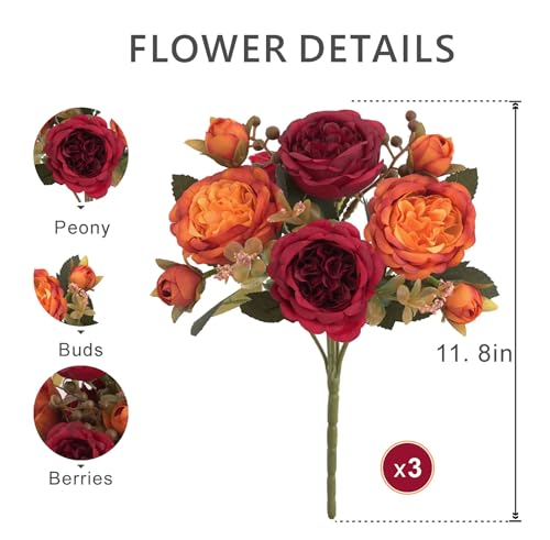 Artificial Peony Silk Flower Bouquet, Fake Burgundy Flowers Autumn Floral Arrangement for Wedding Party Table Centerpieces Home Kitchen Decor - color: Burgundy & Orange