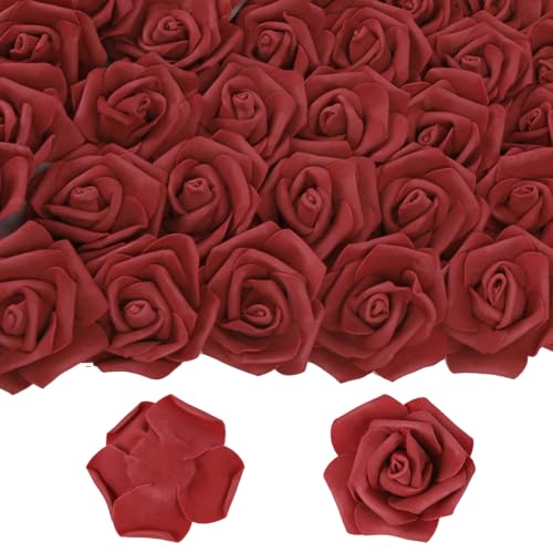 50 PCS Burgundy Foam Rose Stemless Artificial Flower Head Bulk 2.75in Mini Fake Simulated Eternal Flores Roses Flower for DIY Craft Bridal Bouquets Centerpieces Arrangement Home Decoration - color: Burgundy