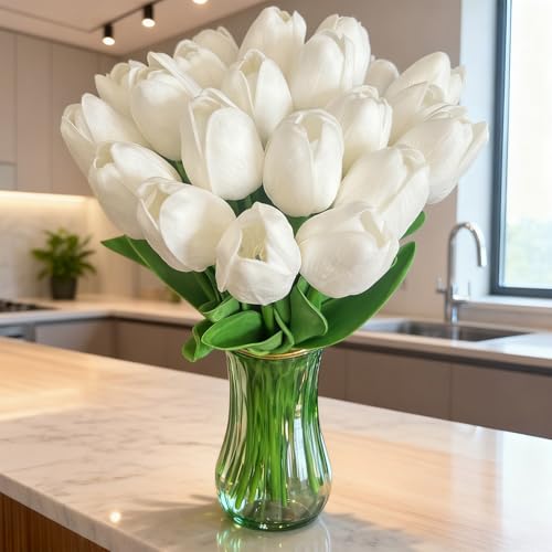 20pcs–13.5 Inch White Tulips Artificial Flowers Mother's Day Easter Valentine’S Day Gifts in Home Kitchen Wedding Dining Table Decorations Faux Flowers