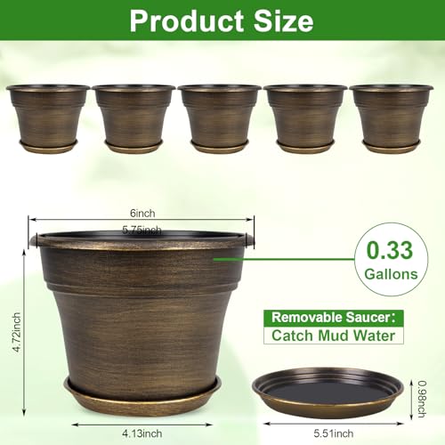 Plant Planters Pots Set of 6 Pack 6 Inch, Plastic Flower Pot For Indoor Plants With Drainage Holes & Trays, Resin Decorative Container Sets With Saucer For House Outdoor Garden Planters Dark Gold - color: Gold, size: 6 inch-6 pack