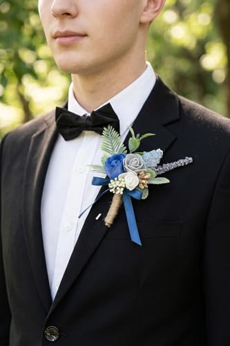 Royal Blue Corsage and Boutonniere Set Wrist Corsage Wristlet for Prom Groom Flower Boutonniere for Men Wedding Party Homecoming Accessories Suit - color: Royal Blue