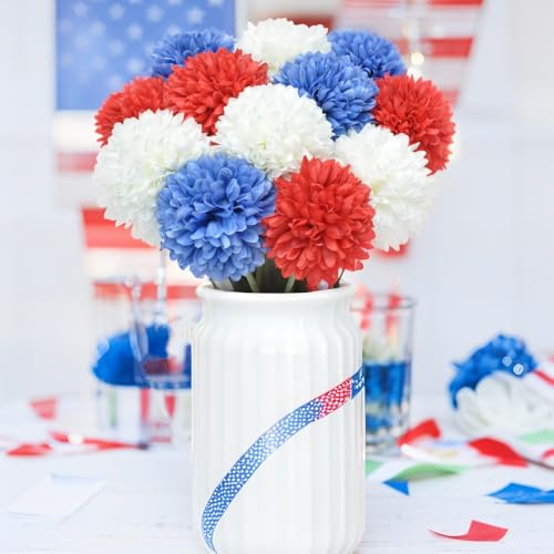 Artificial Chrysanthemum Ball Flowers Bouquet 12pcs on 4th of July Glorious Moral for Home Office Coffee House Parties Decoration (Red White Blue) - color: Red White Blue