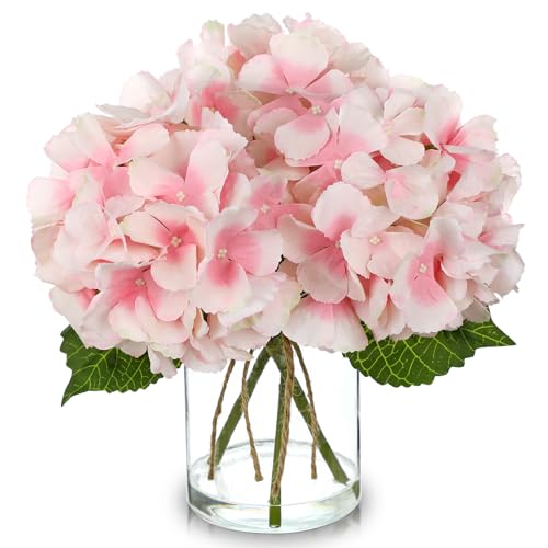 DILATATA Hydrangea Artificial Flowers with Glass Vase, Pink Real Touch Silk Hydrangea Arrangement with Faux Water, Small Faux Floral Centerpiece for Home Decor, Wedding, Bathroom, Shelf, Coffee Table - color: Pink-hydrangea