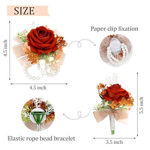 2pcs Orange Corsage Boutonniere for Prom Decor Silk Corsage Wristlet Boutonniere for Men Corsages Artificial Flowers for Wedding Party Suit Decor - color: Orange Corsage - Double-cain