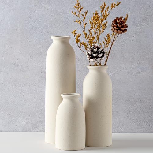 CEMABT Beige Ceramic vase Set-3 Flower vases for Decor,Modern Boho Farmhouse Home Decor,Decorative vase for Pampas Grass&Dried Flowers,idea Shelf,Table,Bookshelf - color: 3set-tall Beige