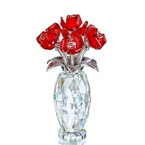 Red Crystal Rose Flower Figurine with Base,Glass Flower Bouquet Gifts for Women Girlfriend Wife,Handmade Crystal Flower Collectible Home Table Decor for Christmas Day Wedding Anniversary - color: Red 2