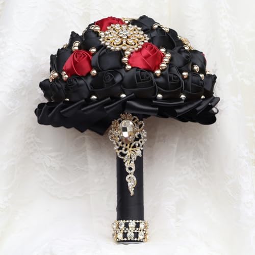 Bridal Wedding Bouquet Luxury Gold Rhinestone Brooch Bouquet for Bride Bridesmaid Quinceanera Satin Rose Artificial Flower Bouquet Wedding Black and Burgundy 7.1in - color: Black & Burgundy (Black Handle), size: Diameter: 7.1 inches