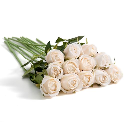 12 Pcs White Roses Artificial Flowers -20" Silk Roses Bouquet, Fake Roses Long Stem for Arrangement Wedding Centerpiece Mother's Day Home Office Party Decor - color: White
