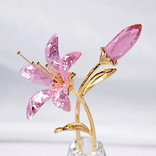 YWHL Crystal Lily Flower Figurine with Vase, Handmade Pink Glass Lily Flower Gifts for Woman, Wedding Gifts for Couple, Home Party Decorations (Pink) - color: Pink