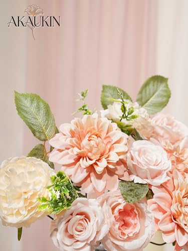 Artificial Flowers Combo Set Pink Faux Dahlia Roses DIY Wedding Decor | Silk Fake flowers arrangement set for home decor crafts reusable party bouquets DIY wedding table and event decorations - color: Pink, size: The Minimalist