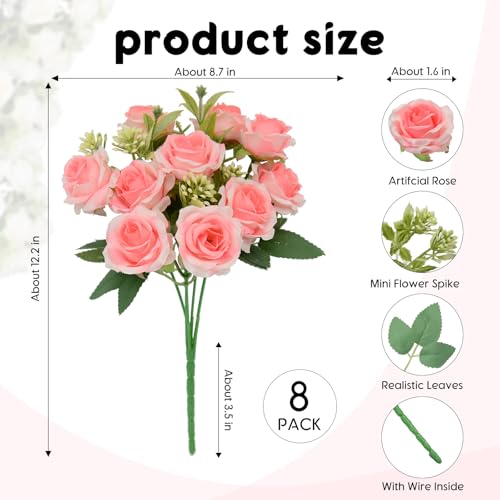 8 Pack Rose Artificial Flowers Bouquet, 10 Small Silk Rose Heads Per Pack, Fake Roses Bunches for Wedding Table Centerpieces Bridal Bouquet Mother's Day Valentine's Day Home Decor, Light Pink - color: Light Pink