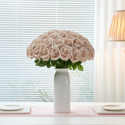 100 Pcs Nude Roses Artificial Flowers in Bulk, Long Stem Artificial Flower Bouquet, Silk Fake Rose for Wedding Party Table Centerpieces Decor Valentines Gifts - color: Nude