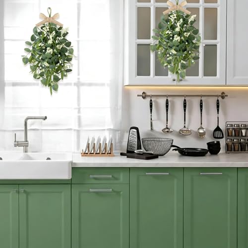 2 PCS 24'' Eucalyptus Teardrop Swag Wreaths Spring Summer Greenery Teardrop Swags for Front Door Artificial Farmhouse Green Hanging Swags with Berry Ribbon for Wedding Porch Wall Window Cabinet Decor - color: Green-1
