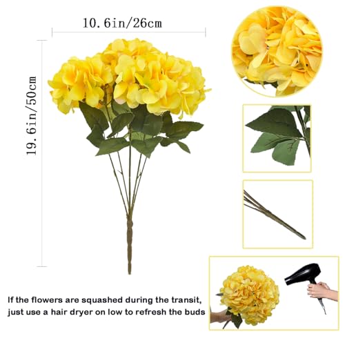 2Bouquets Artificial Fake Flowers Silk Hydrangea Arrangements Wedding Bouquets Decorations Plastic Floral Home Kitchen Garden Party Festival Bar DIY(Yellow,5 Flower Heads) - color: Yellow，5 Flower Heads